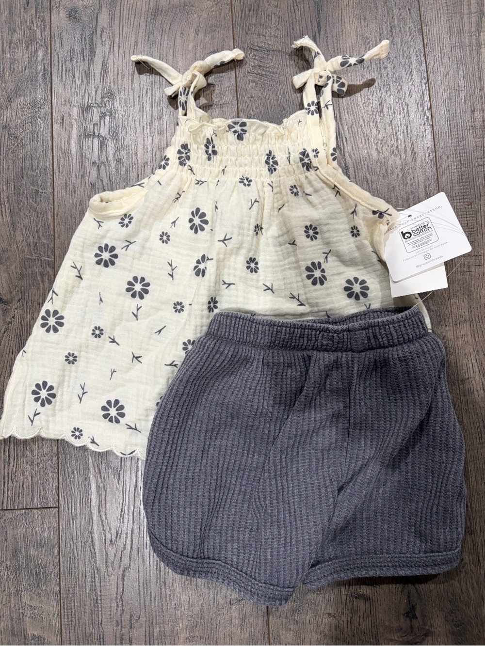 Grayson Threads Cream Floral Tie-Shoulder Top with Charcoal Shorts